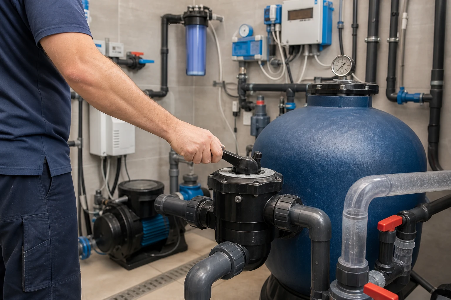 Servicetechniker bedient im Technikraum eines privaten Pools ein Mehrwegeventil an einem Sandfilter neben Manometer, Pumpe und sauber verrohrten Leitungen