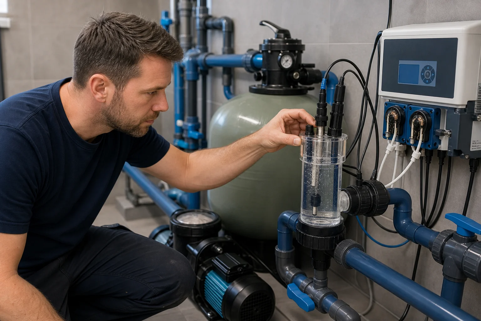 Servicetechniker prueft in einem privaten Pool-Technikraum eine transparente Messzelle mit pH- und Redox-Sonden an einer blauen PVC-Verrohrung neben Sandfilter und Dosiersteuerung