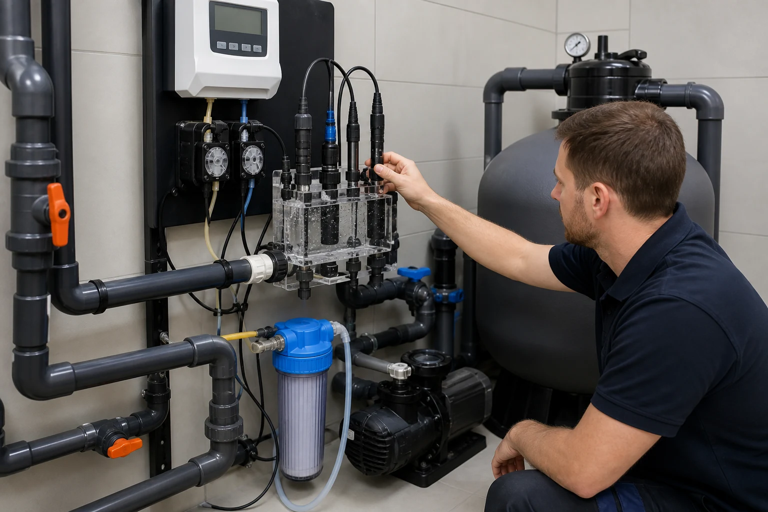 Moderner Pooltechnikraum mit Dosieranlage, transparenten Messzellen, pH- und Redoxsonden sowie sauber verrohrter Filterstrecke; ein Techniker prüft die Sensoren und den Durchfluss ohne sichtbare Markenlogos