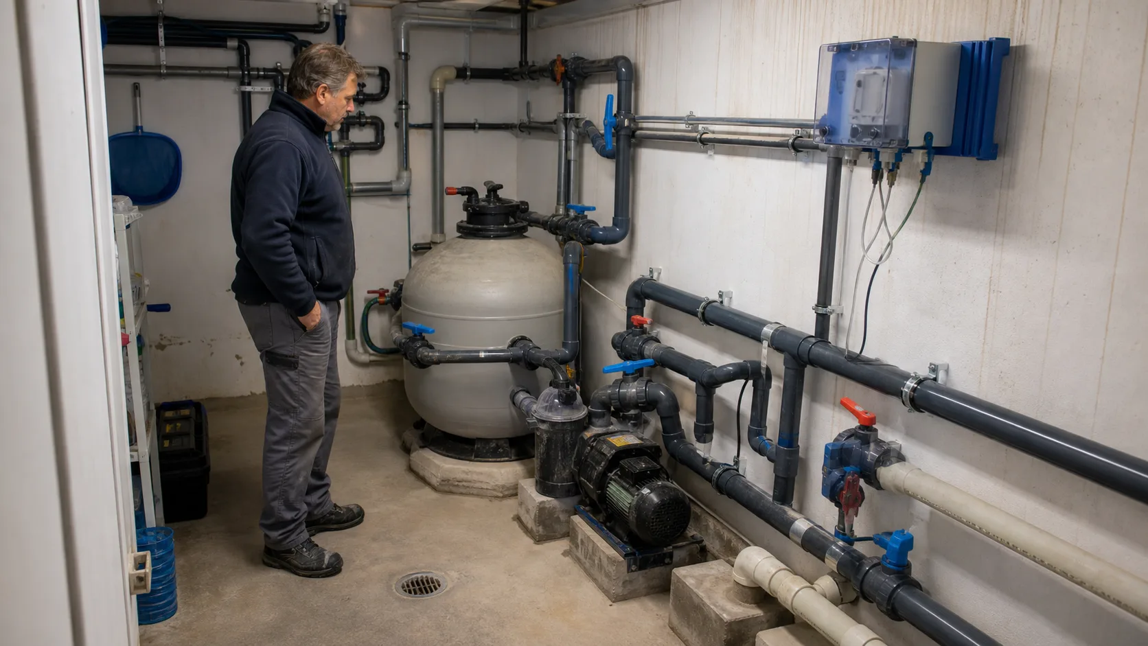 Servicetechniker beurteilt einen älteren Pool-Technikraum mit Sandfilter, Pumpe, Ventilen und gestützter Verrohrung