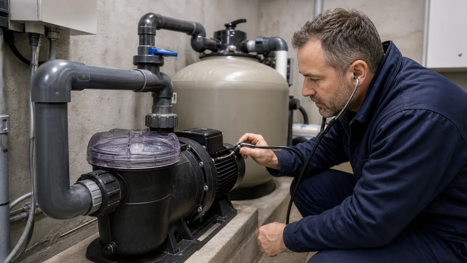Techniker hört eine Poolpumpe im Technikraum mit einem Mechaniker-Stethoskop ab