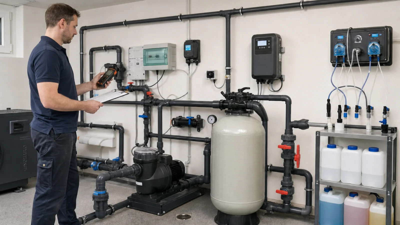 Pooltechniker prüft Pumpe, Filter, Heizung und Dosieranlage vor dem gestuften Wiederanlauf