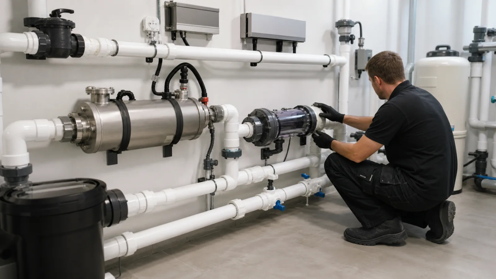 Pooltechniker prüft Wärmetauscher und Salzelektrolysezelle in einem trockenen Technikraum