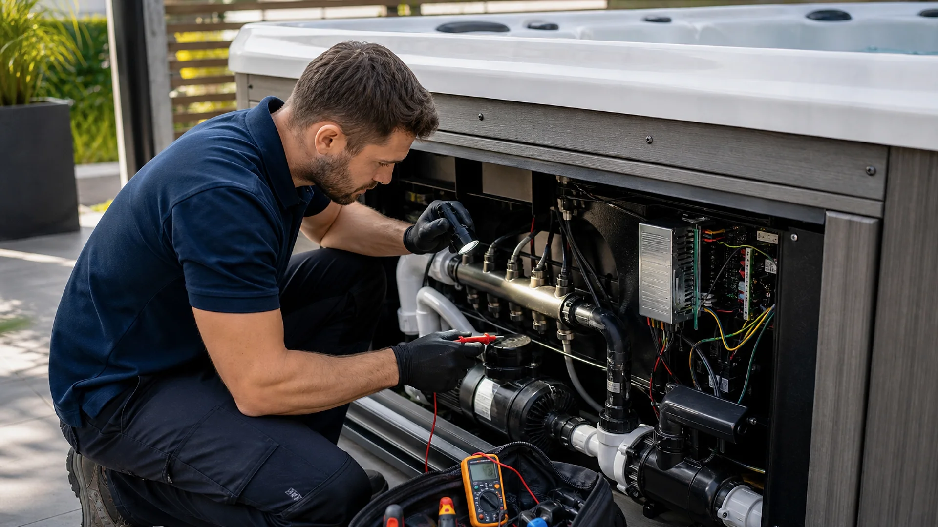 aufgeräumter Pooltechnikraum mit Pumpe, Filter, Dosiertechnik und sauber beschrifteten Leitungen ohne Markenlogos